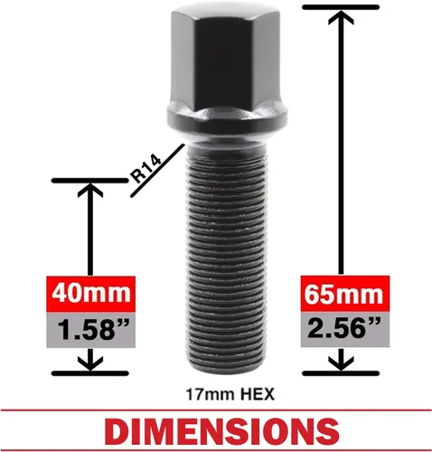 Miniatura 2 de Wheel Accessories Parts 20 pernos de bola de rosca M15x1.25 15x1.25 para asiento de bola con acabado negro, longitud del vástago de 1.57 pulgadas