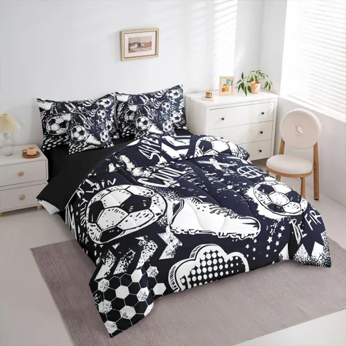 Miniatura 3 de Erosebridal Juego de edredón de tamaño individual para niños, cama de fútbol de 7 piezas en una bolsa, sábanas y fundas de almohada, juego de ropa