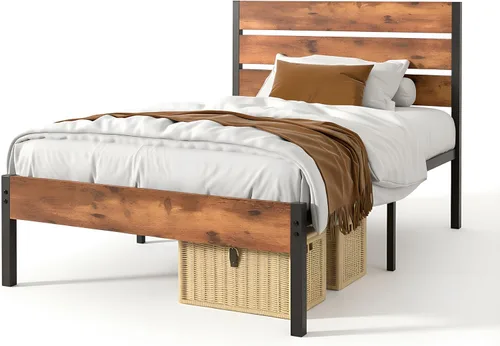 Miniatura 9 de VECELO Base de cama tamaño individual, plataforma de metal resistente con cabecera de madera, no necesita somier, color marrón antiguo