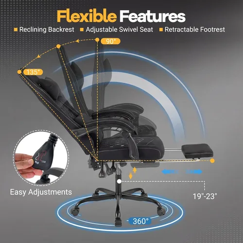 Miniatura 5 de Giantex Silla de juegos, silla ergonómica para computadora con reposacabezas, soporte lumbar, reposabrazos de conexión, respaldo reclinable