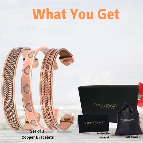 Miniatura 3 de Pulseras de cobre para hombres y mujeres Juego de 3 con caja de regalo Hecho a mano 100% cobre Regalo para mujeres y hombres