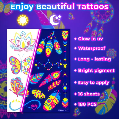 Miniatura 7 de 180 tatuajes temporales precortados tribales que brillan en la oscuridad para adolescentes y adultos Luz negra neón brillante UV para cumpleaños