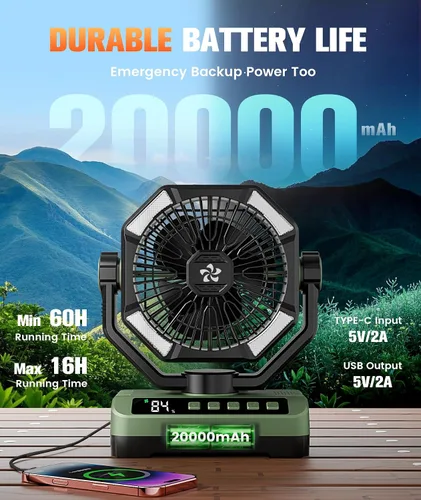 Miniatura 4 de Ventilador de campamento con pilas, recargable con luz de estrellas, 20000 mAh, funciona con pilas, ventiladores de escritorio de 5 velocidades