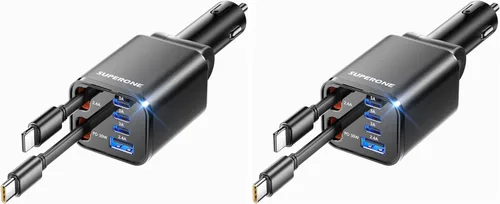 SUPERONE - Cargador retráctil para automóvil, 99 W, con cables, carga rápida, adaptador USB C para iPhone 17, 16, 15, 14, 13, 12, Samsung, negro