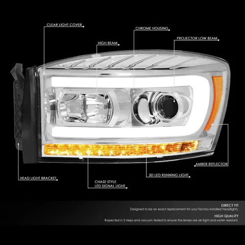 Miniatura 2 de DNA MOTORING HL-HPL-RM06-G-CH-AM LED U-Bar DRL Faros de señal de giro perseguidores compatibles con Dodge Ram 1500 06-08/Dodge Ram 2500 3500 06-09