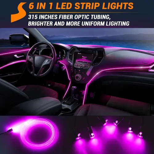 Miniatura 2 de Tira de luces LED para interiores de automóvil de 315 pulgadas, tubo de fibra óptica alimentado por USB, RGB 6 en 1, neón para automóvil