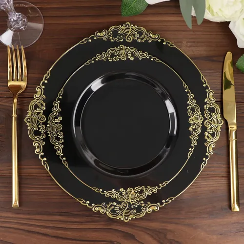 Miniatura 20 de Tableclothsfactory Paquete de 10 platos redondos de plástico barroco dorado de 8 pulgadas para ensalada de postre, vajilla desechable con borde