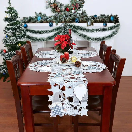 Miniatura 5 de Camino de mesa de gnomos plateados bordados para Navidad e invierno (13 x 88 pulgadas)