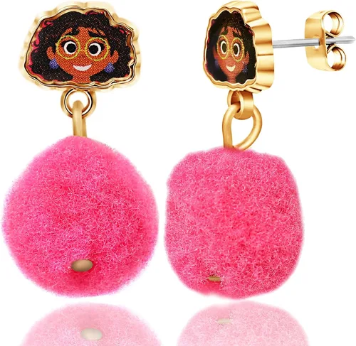 Miniatura 5 de Disney Pendientes Encanto - Aretes Mirabel con pompones rosados - Aretes de Disney para niñas, Metal, No es una piedra preciosa