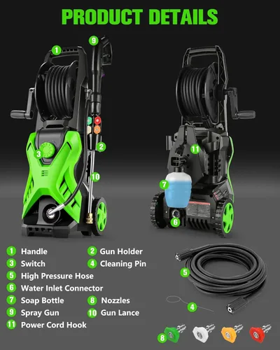 Miniatura 6 de Lavadora a presión eléctrica, lavadora de alta potencia de 2.8 GPM, presión ajustable 2500PSI-5000PSI con carrete de manguera de extensión de 33