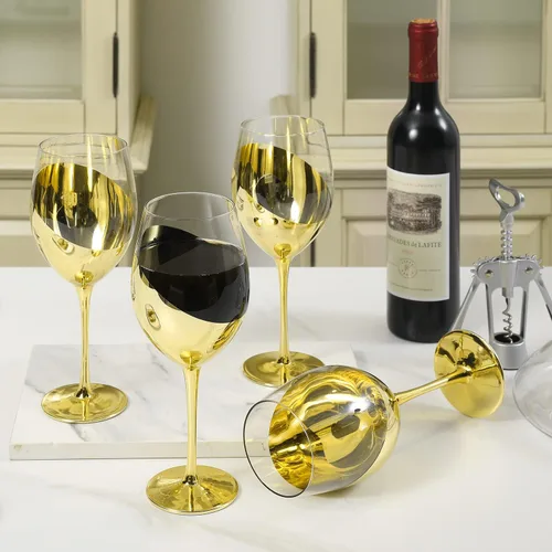 Miniatura 4 de MyGift Juego de 4 copas de vino de latón moderno con tallo largo para vino blanco o tinto con elegante diseño angular Latón (juego de 4)
