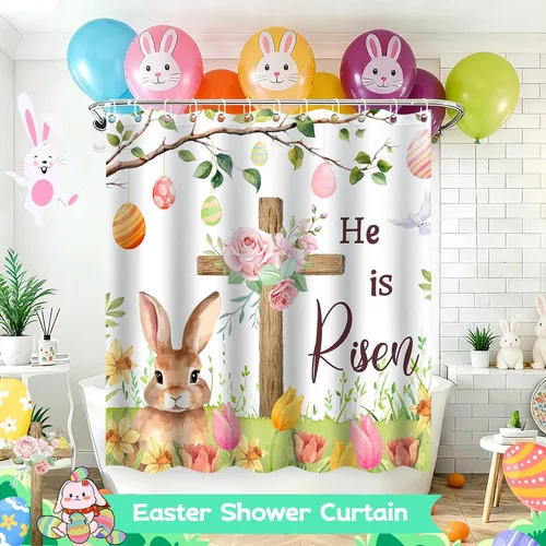 Miniatura 3 de Cortina de ducha de Pascua para baño, cortina de ducha de Pascua con conejo cruzado, 71 x 71 pulgadas, cortina de ducha de resorte de conejo de tela