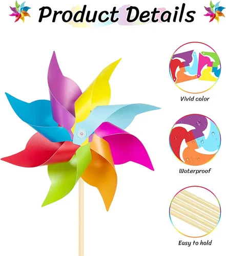 Miniatura 7 de HOOSUN Paquete de 12 Molinillos Arcoíris para Patio y Jardín, Decoraciones Arcoíris para Fiestas de Niños, Molinillos de Viento de Jardín Coloridos