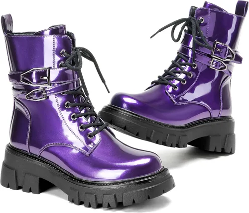 Miniatura 13 de Botas de combate para mujer, botas rave para mujer, botas de motocicleta de moda, con hebilla, góticas, tacón grueso