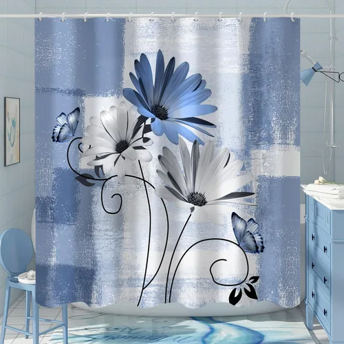 Miniatura 3 de Cortina de ducha rústica de granja con margaritas azules, flores florales de mariposa, primavera, pintura al óleo, cortinas de baño, tela