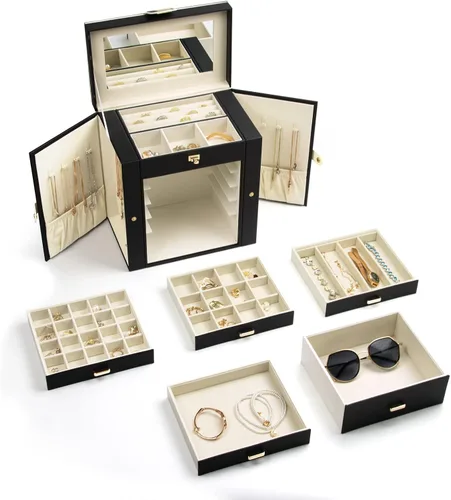 Miniatura 3 de KAMIER Joyero para mujer, caja organizadora grande de 6 capas con espejo y 5 cajones para anillos, aretes, collares, pulseras, color negro