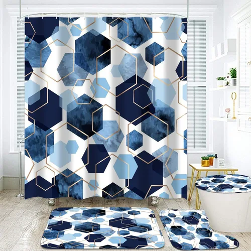Miniatura 10 de LQCOOL Juego de cortinas de baño azules, 4 piezas de cortina de ducha geométrica de arte moderno con 12 ganchos, impermeable, opaca, 70.8 pies