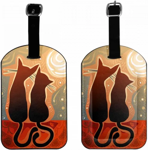 Etiquetas de identificación de viaje con diseño de gatos enamorados, pareja de gatos en el techo, luz de luna, etiqueta de equipaje, protección de