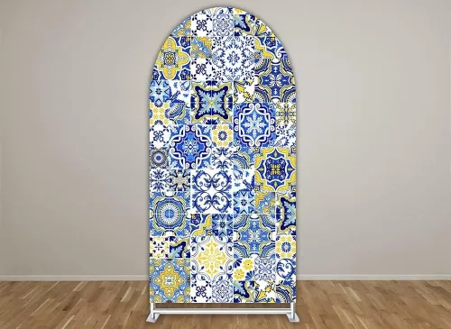 Miniatura 9 de Fundas de fondo de arco de porcelana, decoración de fiesta mediterránea, azulejos azules arqueados para fotografía, cubiertas de soporte