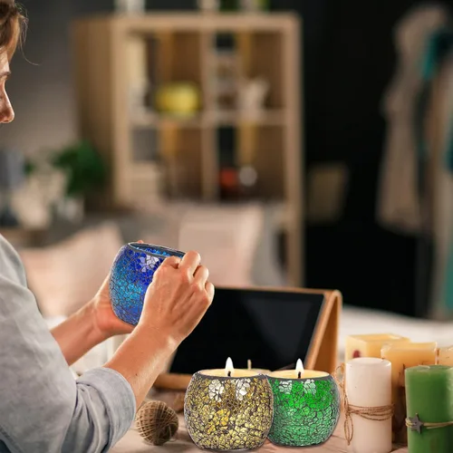 Miniatura 4 de Rancco Portavelas votivo de vidrio para candelita, juego de 6 portavelas románticos de mosaico manchado, lámpara de vela de aromaterapia agrietada