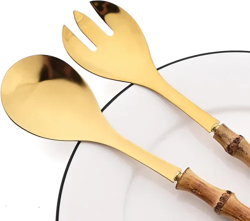 Miniatura 2 de Juego de 4 utensilios para servir con mango de bambú, cuchara larga de acero inoxidable 304, tenedor para cocina, bufé, restaurante, boda, fiesta