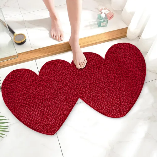 Alfombra de baño para el día de San Valentín, doble forma de corazón, decorativa, de felpilla, color rojo profundo, antideslizante, lavable, para