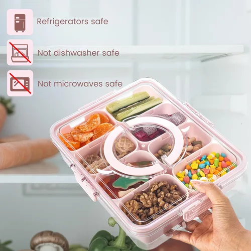 Miniatura 7 de Dingerjar Bandeja dividida para servir con tapa y asa - Snackle Box Contenedor de charcutería para bandejas de aperitivos portátiles, organizador
