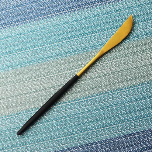Miniatura 3 de Juego de cubiertos de 5 piezas, Uniturcky, de acero inoxidable negro y dorado, utensilios para comer con cuchillo, tenedor, cuchara para el hogar