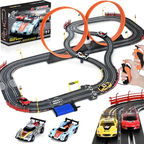 Juguetes para niños de 6, 7, 8-12 años, juegos de pista de carreras de ranuras con 4 autos de ranura, pista de batería o eléctrica para niños, juego