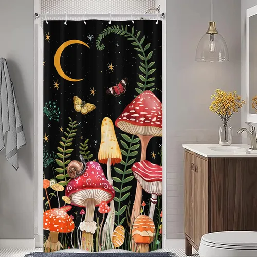 Juego de cortinas de ducha con diseño de hongos y mariposas florales negras y rojas, tela impermeable, cortinas de ducha para baño, decoración
