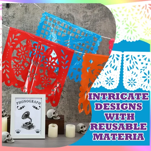 Miniatura 4 de Sinmoe Paquete de 10 pancartas largas para decoración de fiesta mexicana, papel picado, decoración de fiesta mexicana, bandera de plástico total