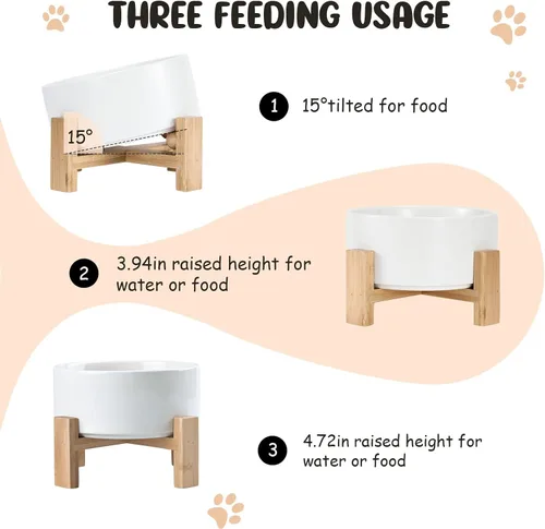 Miniatura 3 de SPUNKYJUNKY Cuenco de cerámica inclinado de 15° para perros y gatos con soporte de madera, cuenco inclinado para comida y agua para bulldog, Blanco