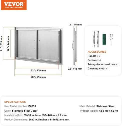 Miniatura 7 de VEVOR Puerta de acceso para barbacoa, 36 pulgadas de ancho x 21 pulgadas de alto, puerta de cocina doble para exteriores, puerta de acero inoxidable
