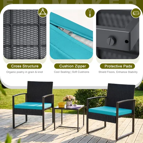 Miniatura 5 de Flamaker - Juego de muebles de mimbre para patio al aire libre, juego de bistró moderno con silla de ratán y mesa de café para jardín (Azul)