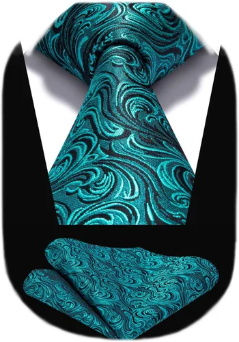 Miniatura 200 de HISDERN Corbatas para hombre, corbata de cachemira y bolsillo cuadrado tejido clásico floral para hombre, corbata de fiesta de boda