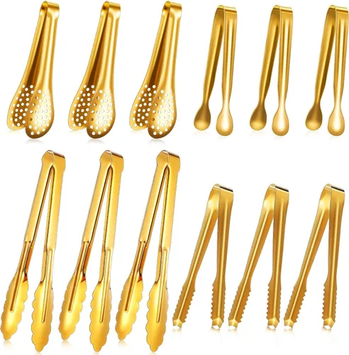Sawysine 12 pinzas para servir utensilios de servir, mini pinzas de acero inoxidable, aperitivo, juguete de cocina, azúcar, hielo, alimentos, Dorado