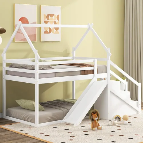 Miniatura 26 de Litera de casa individual sobre cama individual con tobogán convertible y nido, litera de madera maciza con techo y ventana para niños, verde-blanco