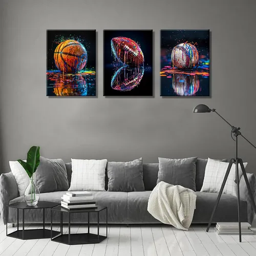 Miniatura 3 de 3 piezas de arte de pared en lienzo deportivo de graffiti para habitación de niños, rústico, fútbol, béisbol, fútbol americano, rugby, decoración