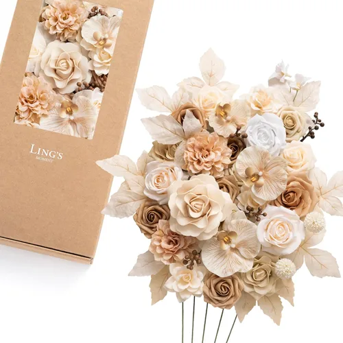 Miniatura 18 de Ling's moment Caja de Flores Falsas, Tallos de Vegetación Artificial Falsa Rosas de Espuma Dalia Hortensia de Seda Peonía Flor de Tela para Centros