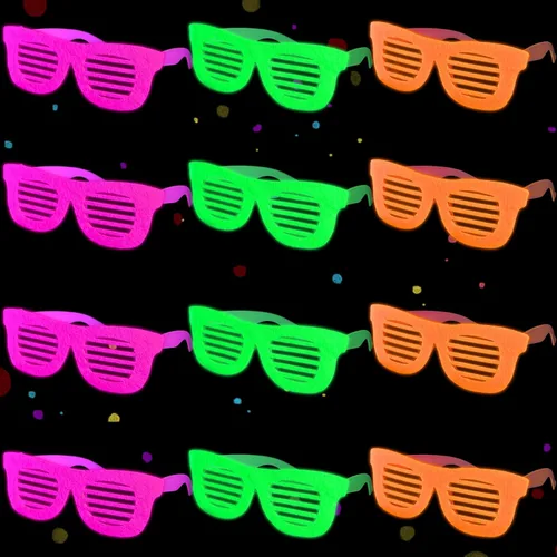 Mega-L - 12 lentes que brillan en la oscuridad, suministros de fiesta que brillan en la oscuridad, anteojos fluorescentes de luz negra neón, regalos
