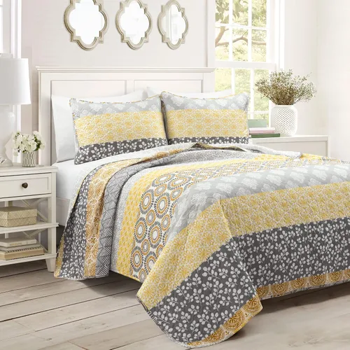 Lush Decor Juego de colcha reversible de algodón con diseño bohemio a rayas, juego de 3 piezas, matrimonial/reina, amarillo y gris - Juego de ropa