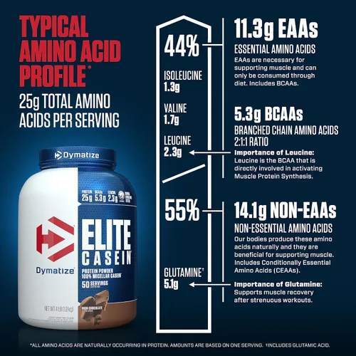 Miniatura 8 de Dymatize Elite - Proteína en polvo de caseína, chocolate, 100% caseína micelar, 25g de proteína, 5.4g de BCAA, 2.3g de leucina, absorción lenta