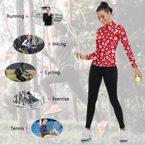 Miniatura 152 de WOWENY Camiseta deportiva de manga larga para mujer, con cremallera de un cuarto, cuello para entrenamiento, camiseta de tenis con estampado