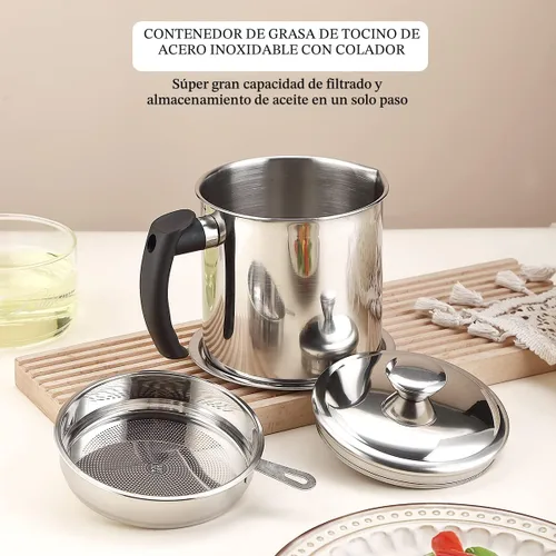 Miniatura 3 de Kyraton Contenedor de Grasa de Tocino con Colador, Recipiente de Aceite de Acero Inoxidable de 48 oz, Recipiente de Grasa de Olla con Tapa, Mango