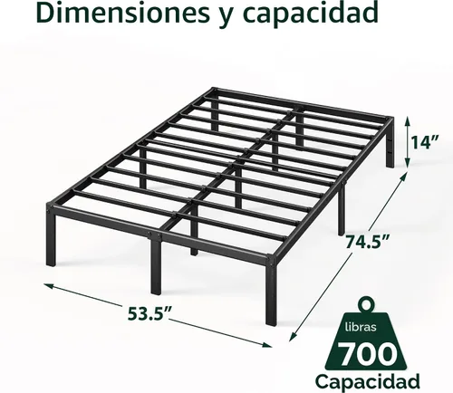Miniatura 3 de Zinus Marco de cama Elias de 14 pulgadas con plataforma de metal, soporte de acero, no necesita somier, fácil montaje, tamaño matrimonial Negro