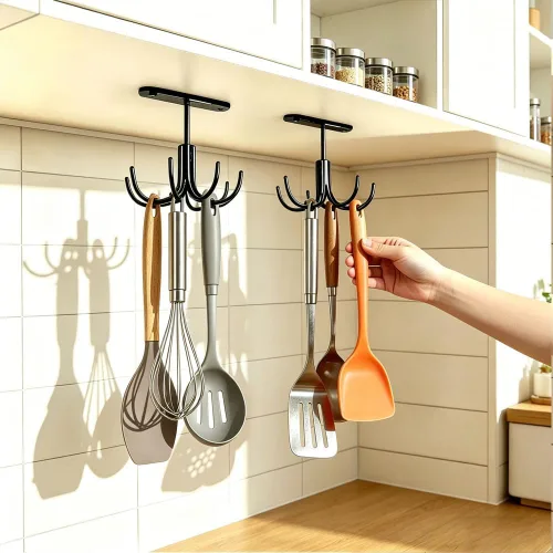 Miniatura 9 de 2 ganchos para utensilios de cocina para debajo del gabinete, rotación de 360°, sin perforaciones, adhesivos, estante para colgar herramientas, Negro