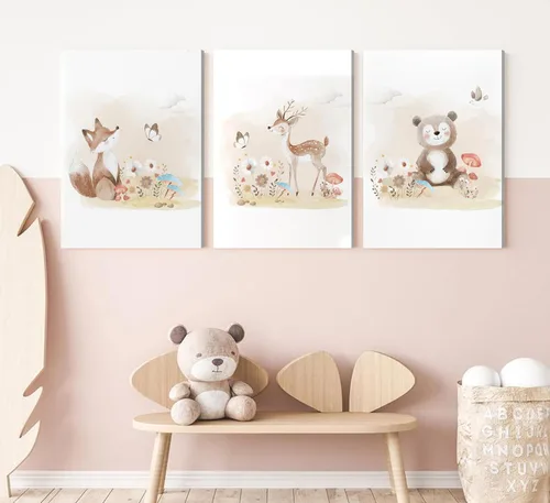 Miniatura 3 de MIZILI Lienzo de animales del bosque para cuarto de bebé, arte de pared, pinturas de animales salvajes, acuarela, decoración de pared, oso zorro