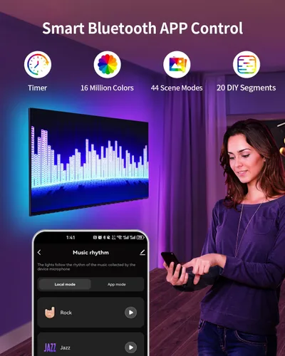 Miniatura 7 de Tira de luces LED RGB+IC, luz LED Bluetooth inteligente para dormitorio, tiras LED que cambian de color con 44 modos de escena (6.6 pies)