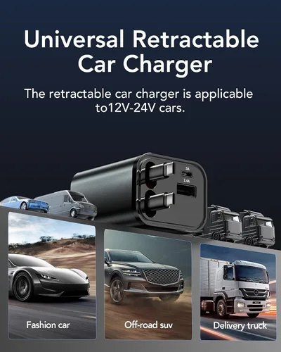Miniatura 9 de Adaptador de Carga de Coche Retráctil para iPhone 17, Cargador de Coche para Teléfono 4 en 1 de Carga Rápida, Accesorios para Coche y Camión USB C