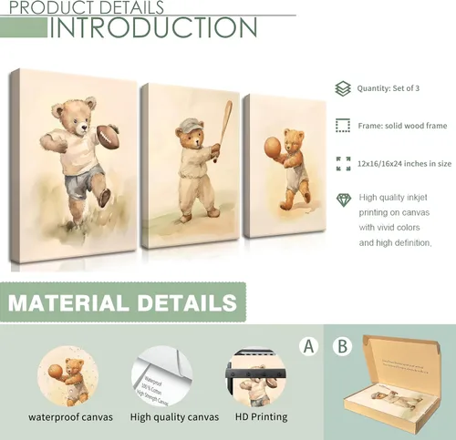 Miniatura 5 de Conjunto de 3 cuadros de arte de pared de osos de rugby deportivos para guardería – Cuadros de osos bebés vintage bonitos, pinturas, pósteres
